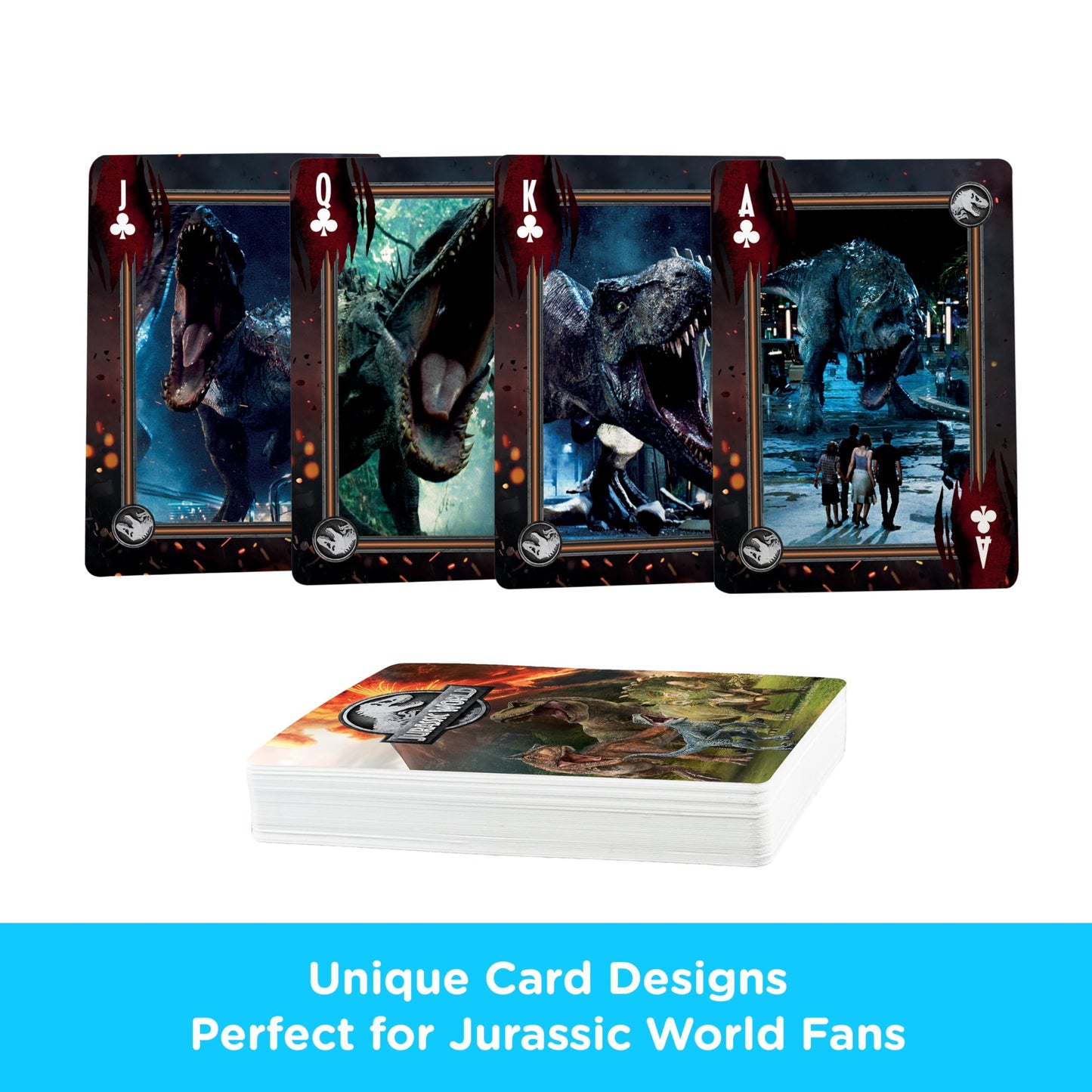 AQUARIUS Jurassic World playing cards featuring dinosaur-themed illustrations on the card faces and packaging.