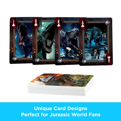 AQUARIUS Jurassic World playing cards featuring dinosaur-themed illustrations on the card faces and packaging.