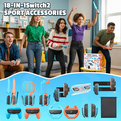 BRHE 18-in-1 Switch sports accessories bundle for Nintendo Switch 2, includes game controllers and party game gear for kids and adults
