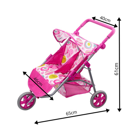 The Magic Toy Shop BiBi Doll Pink Twin Stroller, Ideal Twin Dolls Prams and Pushchairs - Adjustable Canopy and Handle, Under Storage Space, Collapsible - Dolls Double Buggy Toy Pram Double Dolls Pram