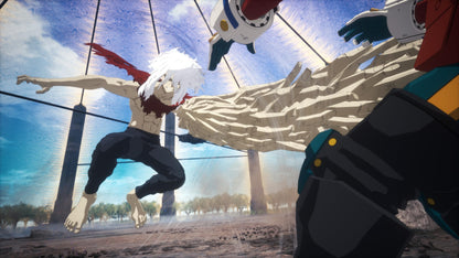 Bandai Namco's MY HERO ACADEMIA: All’s Justice PlayStation 5 game cover with artwork featuring anime characters and action scenes.