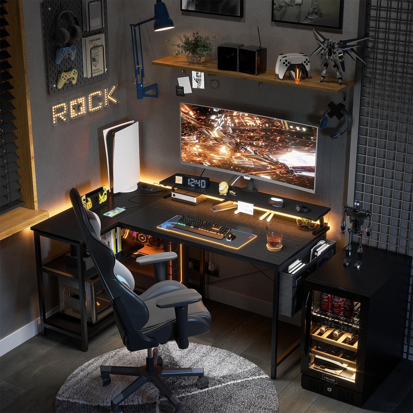 Coleshome L-shaped gaming desk with LED lights, black finish, computer monitor stand, storage shelves, and power outlet.