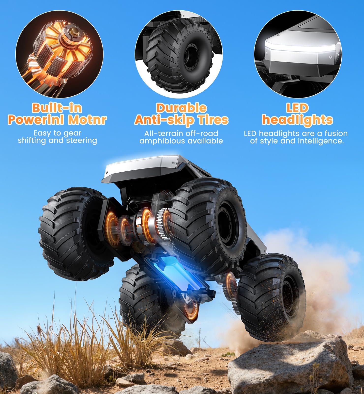 ENEPHE 1:16 amphibious remote control monster truck, waterproof 4WD off-road RC car for kids, suitable for boys and girls ages 5+