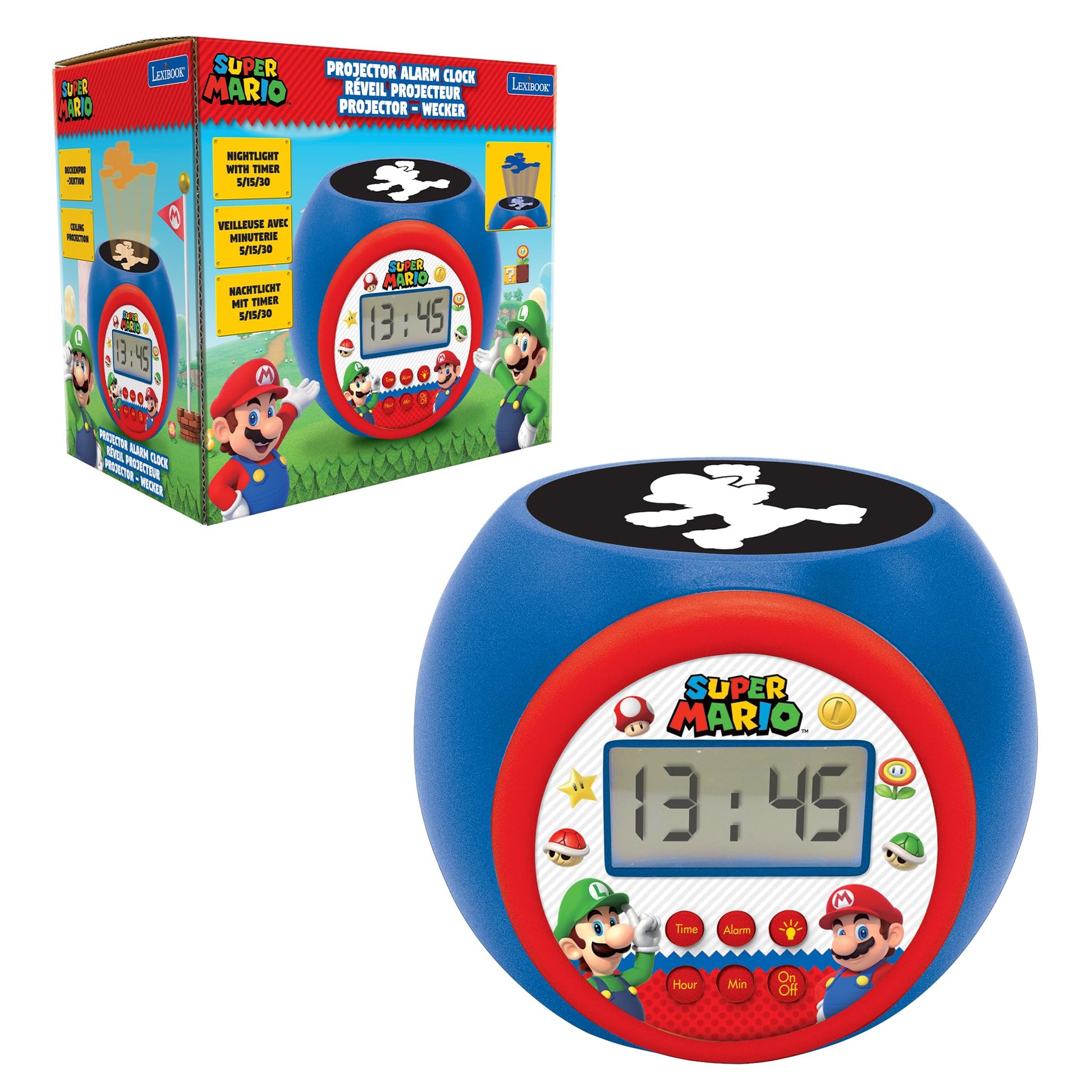 LEXIBOOK Nintendo Super Mario projector alarm clock with night light, LCD display, snooze, and battery operation.