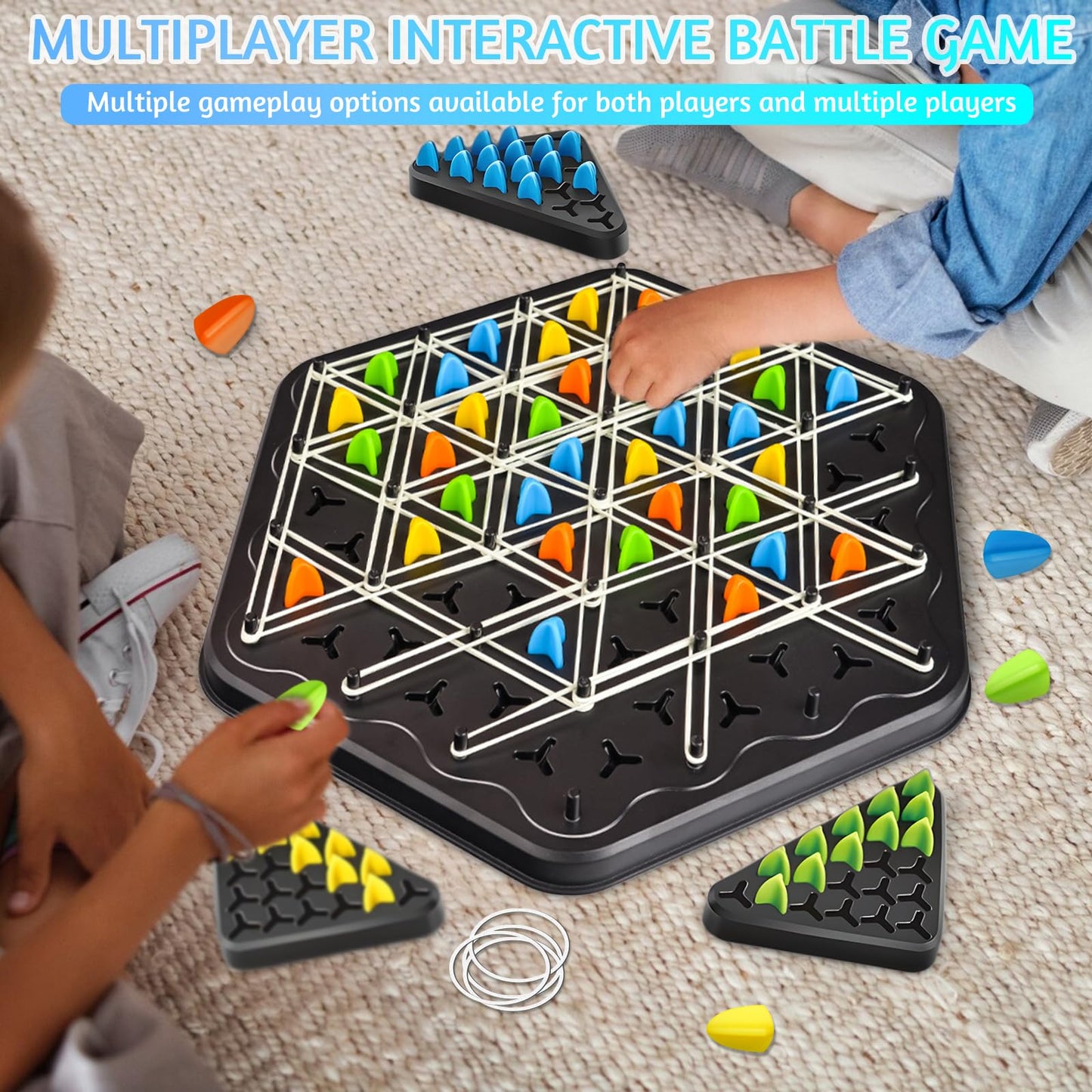 Kykae rubber band chess game with a wooden chessboard, featuring colorful rubber band pieces for kids and family multiplayer fun.