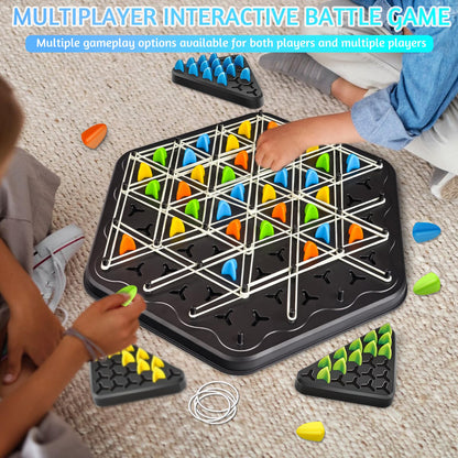 Kykae rubber band chess game with a wooden chessboard, featuring colorful rubber band pieces for kids and family multiplayer fun.