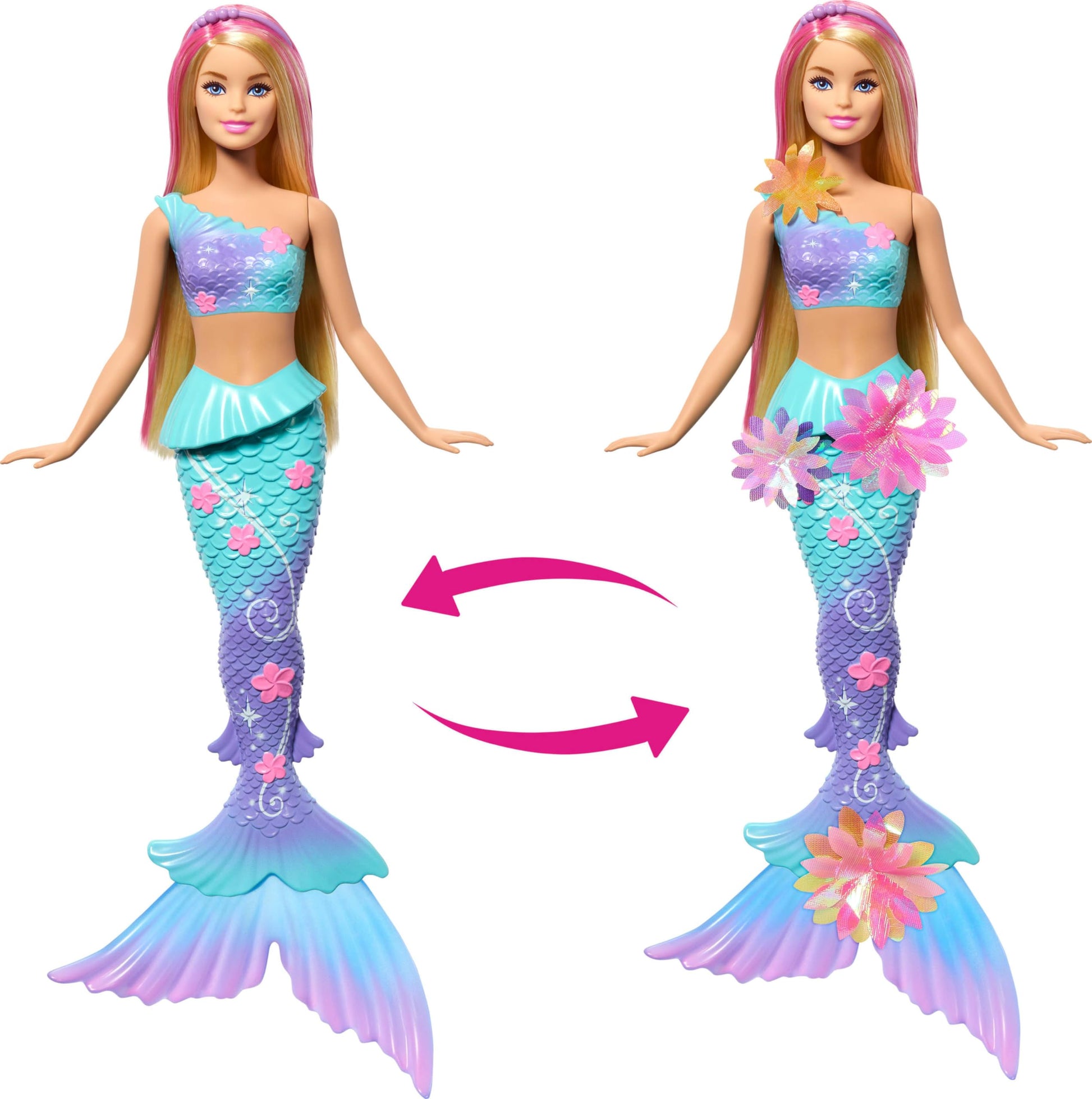 Barbie mermaid doll with long blonde hair, pink highlights, ombre tail, pearl headband, and surprise blooming flower feature.