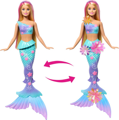 Barbie mermaid doll with long blonde hair, pink highlights, ombre tail, pearl headband, and surprise blooming flower feature.