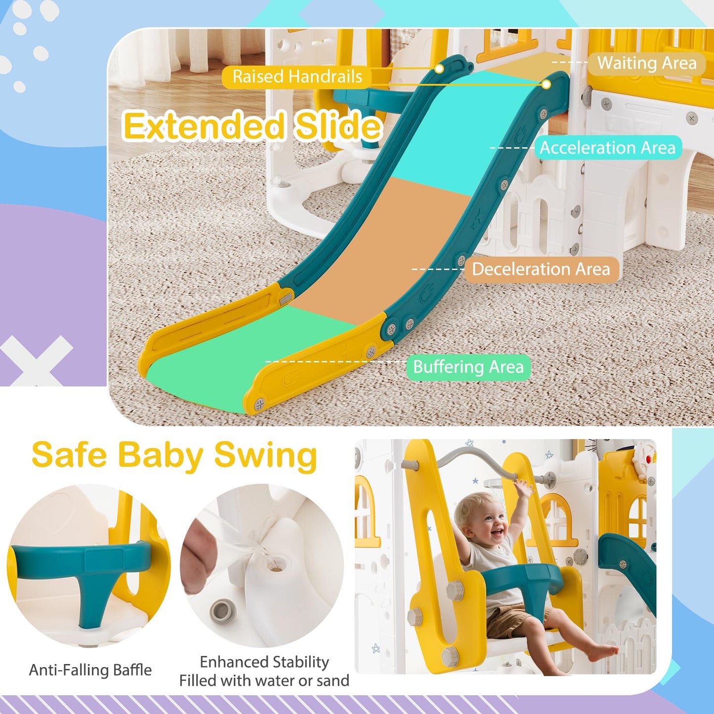 COSTWAY Toddler Swing and Slide Set, 10 in 1 Kids Slide with Climber Ladder, Basketball Hoop, Telescope, Tunnel, Storage Space, Indoor Outdoor Playground for 1+ Years Old (Green + Yellow)