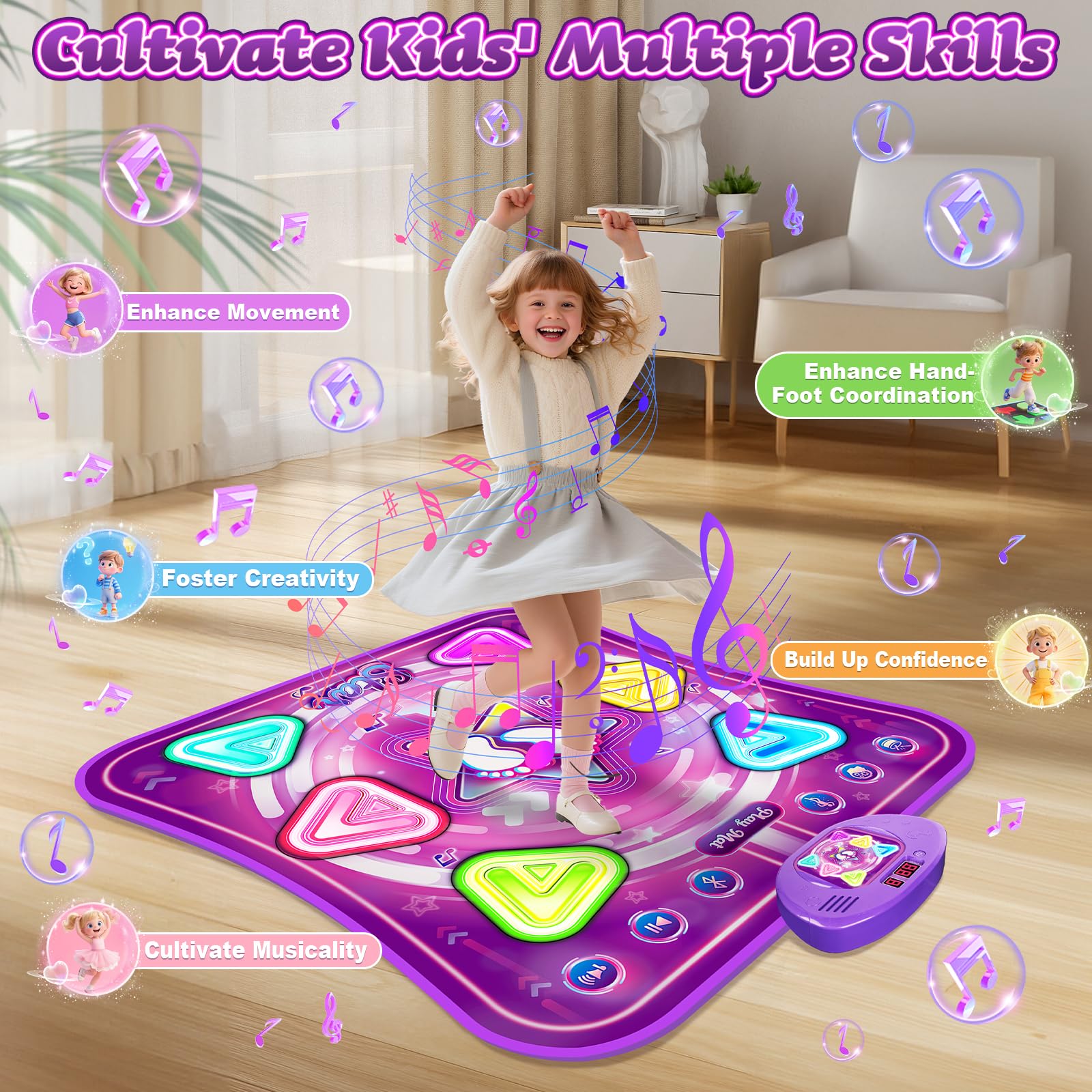 Handwell light-up dance mat for girls and boys, wireless Bluetooth-enabled electronic dance pad with 5 game modes for kids aged 3-10.