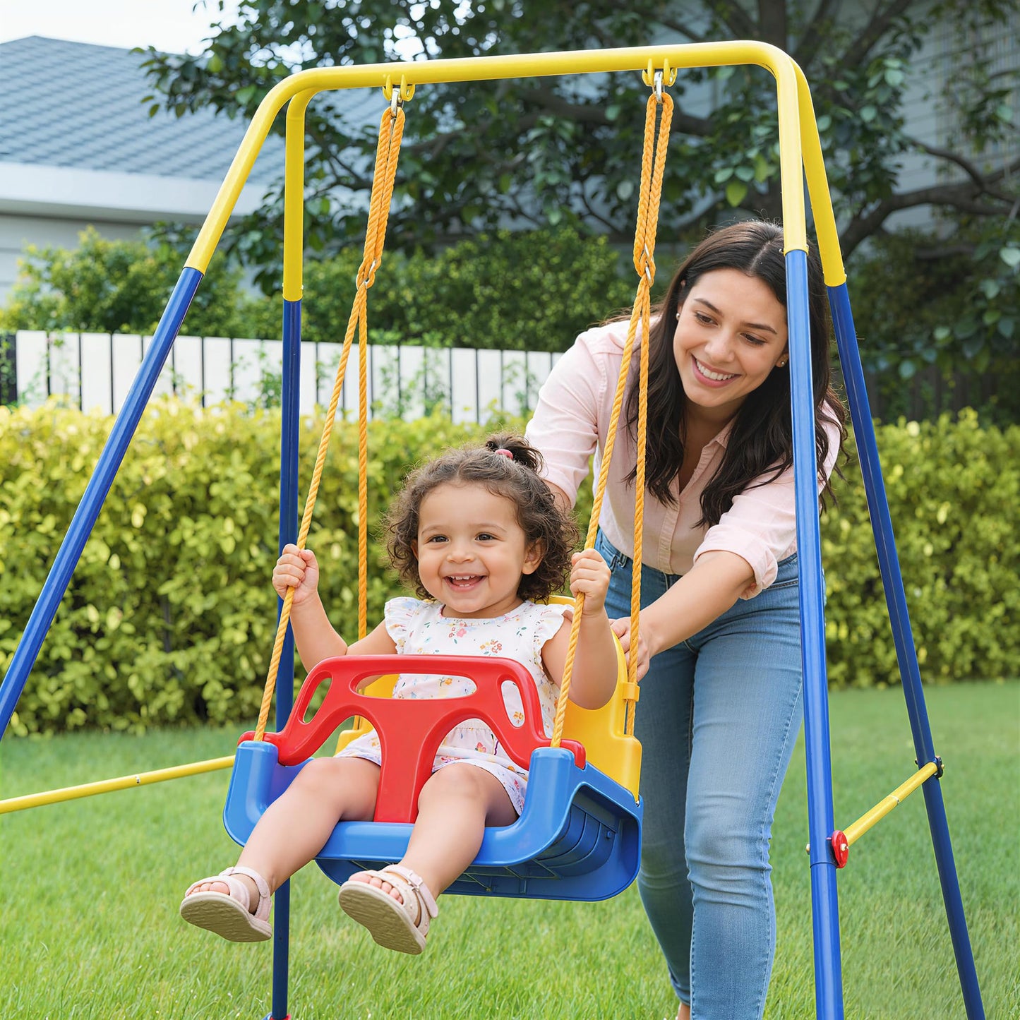 AIYAPLAY 3-in-1 toddler swing set with adjustable seat belt, removable guardrails, suitable for indoor and outdoor use in blue