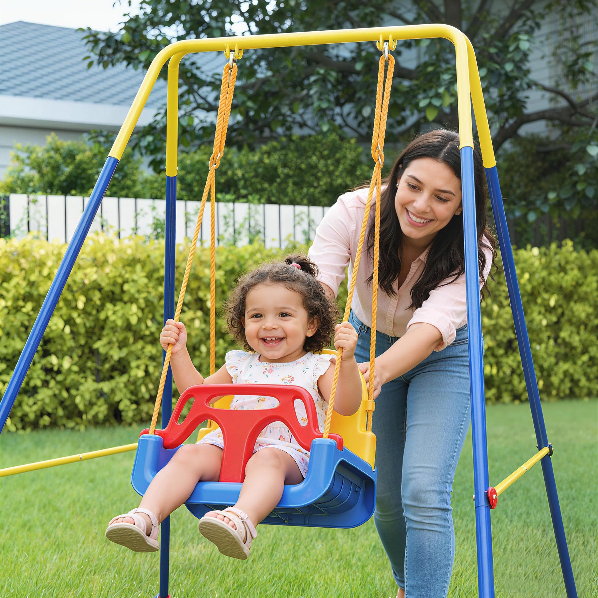 AIYAPLAY 3-in-1 toddler swing set with adjustable seat belt, removable guardrails, suitable for indoor and outdoor use in blue