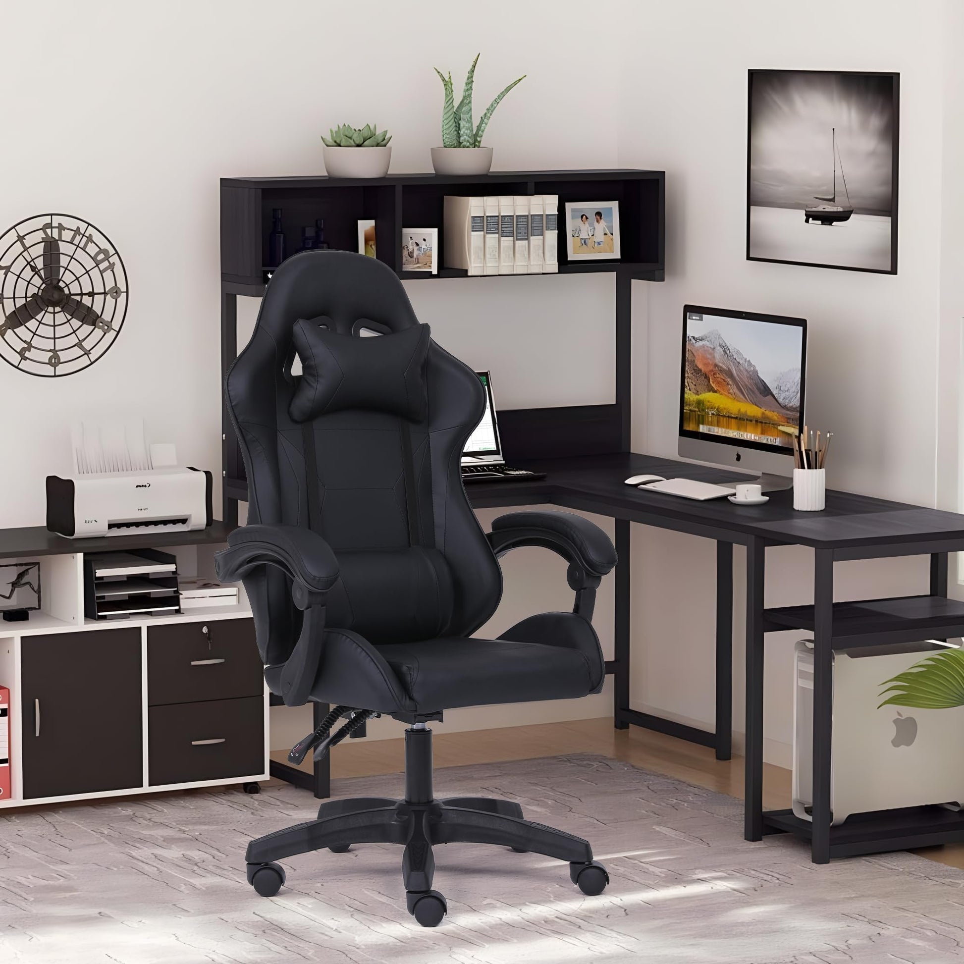 Millhouse Sport desk chair in black with adjustable lumbar and head pillows, designed for gaming and office use.