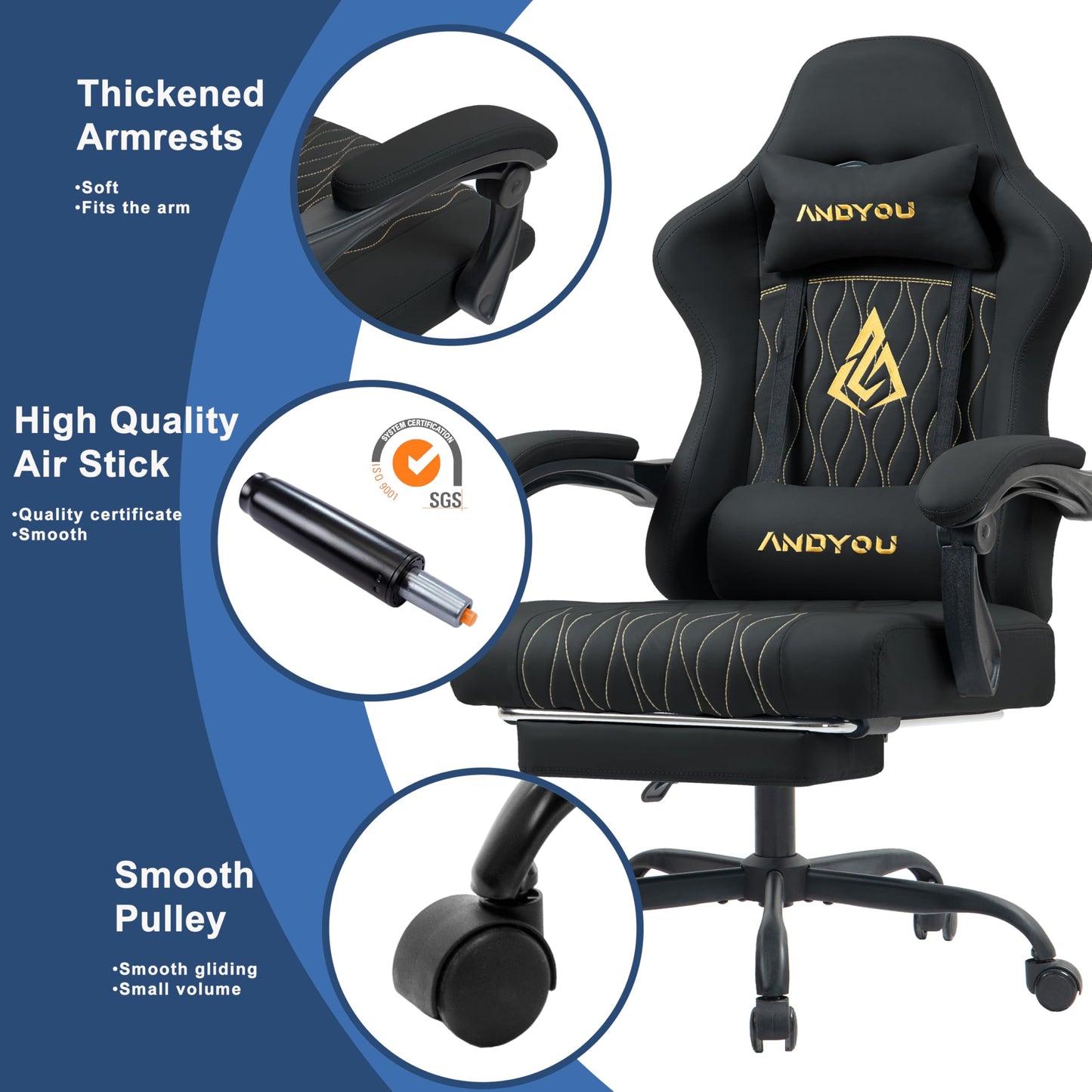Andyou gaming chair with footrest, adjustable swivel ergonomic design, lumbar support, PU leather, suitable for PC gaming and office use.