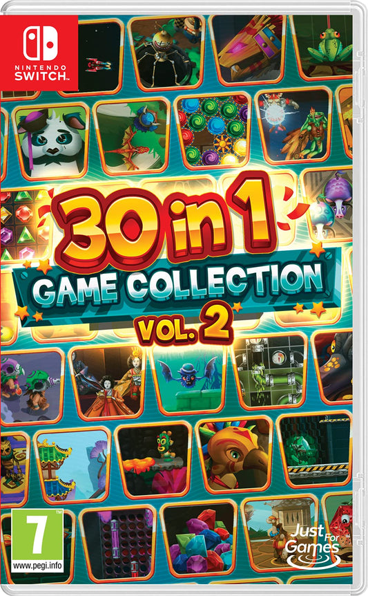 Astragon 30 in 1 Game Collection Vol 2 for Nintendo Switch, showcasing a selection of colorful game covers on the screen.