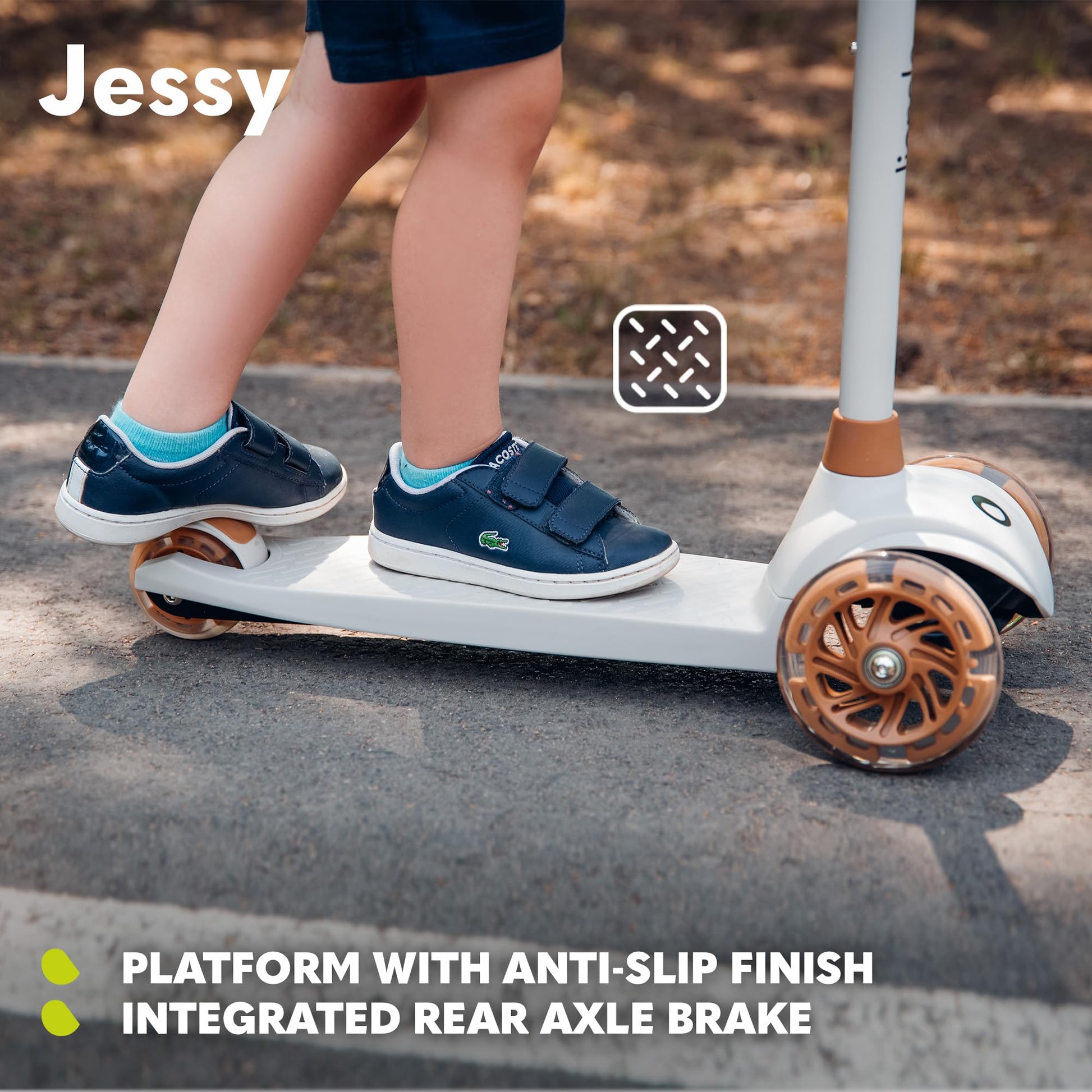 LIONELO JESSY kids scooter with LED light-up wheels, height adjustable, non-slip platform, and lightweight design.