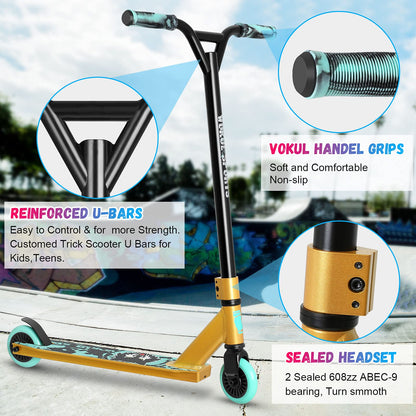 VOKUL TRII S2 Stunt Scooter - Freestyle Pro Spec 360 Degree - Tricks Scooter for Age 6+ Beginners Kids Boys Girls Teens, 20" W*32.5" H Handlebar, Reinforced Lightweight AL6061 20" L*4" W Deck