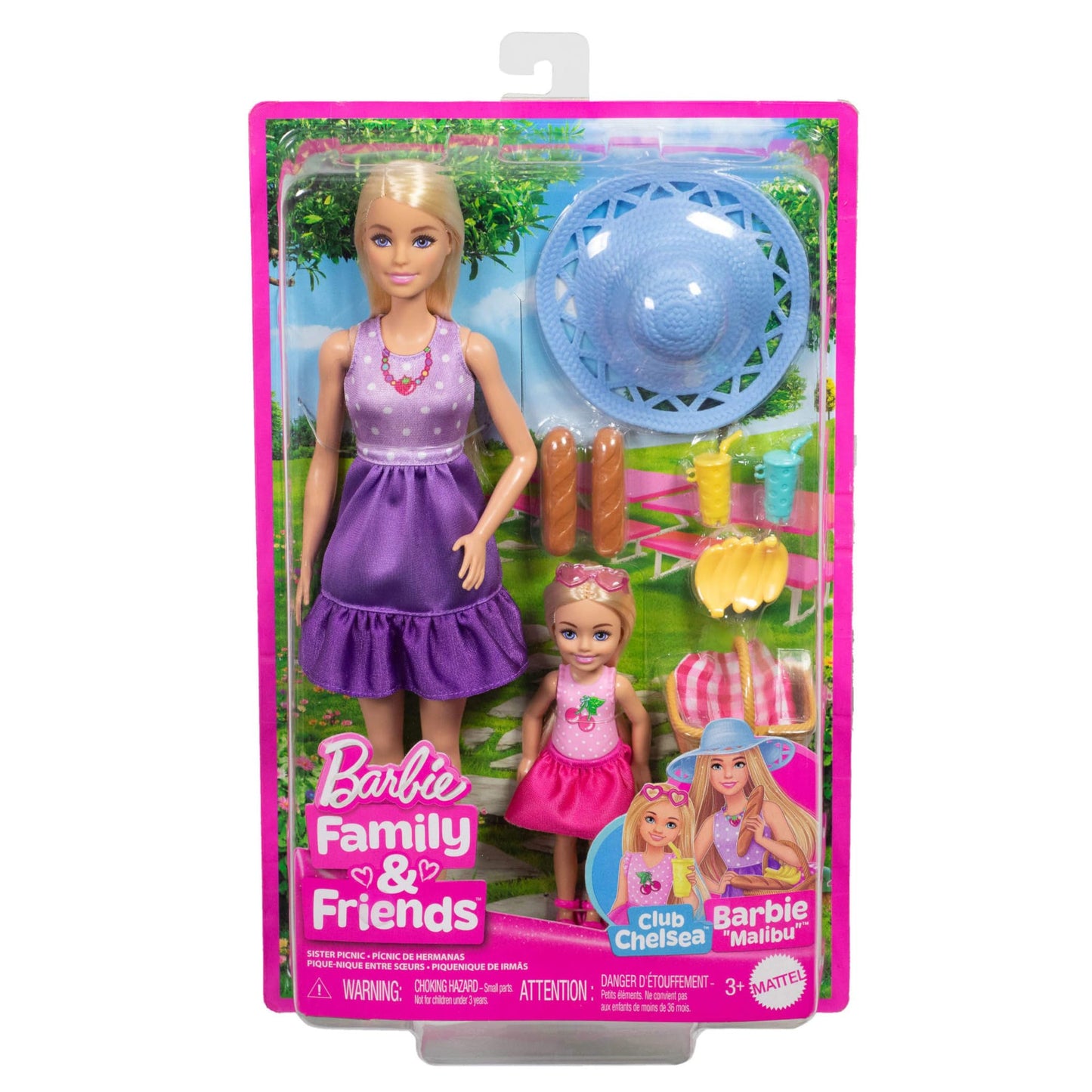 Barbie Family & Friends picnic playset with small dolls, food accessories, and fashion pieces for outdoor pretend play.