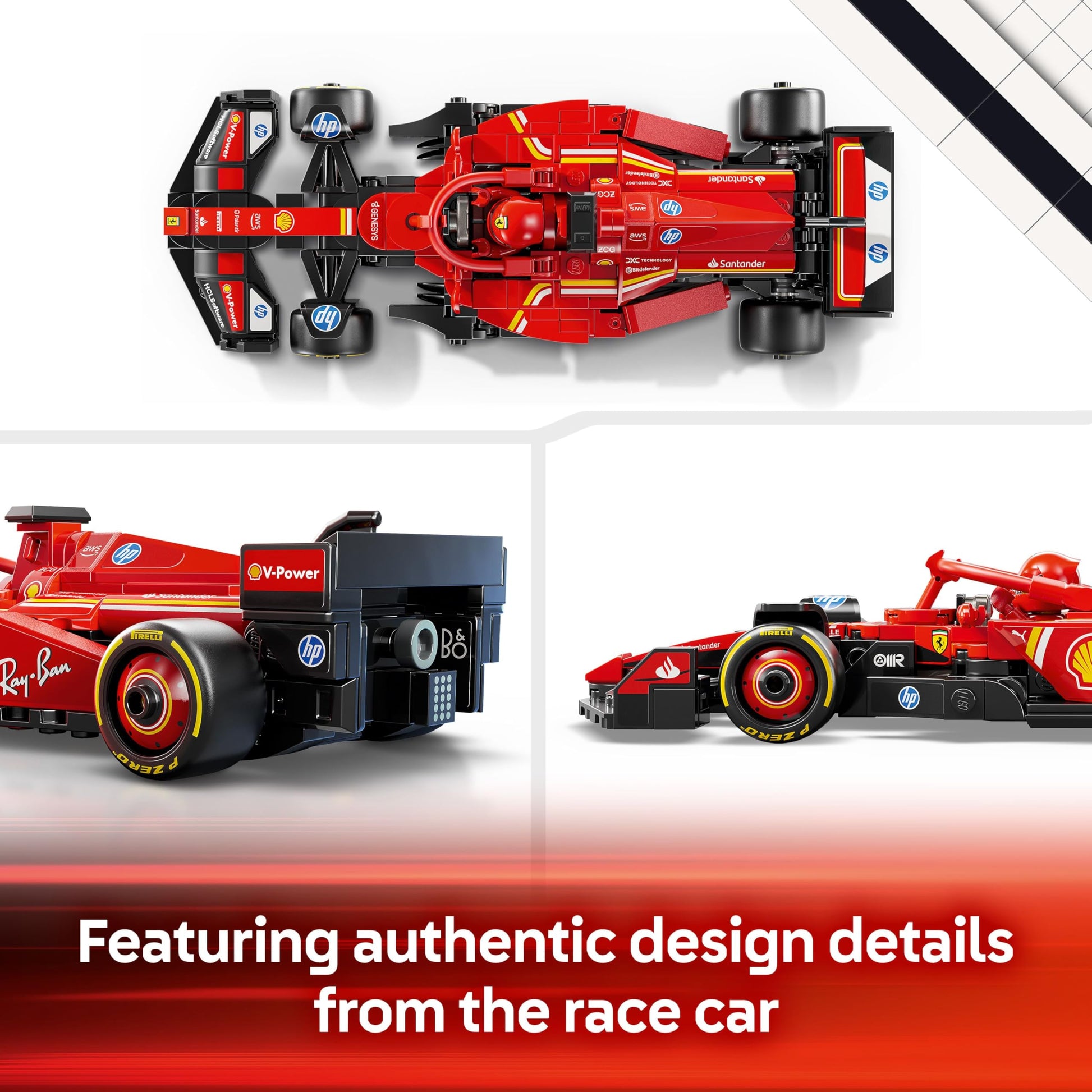 LEGO Speed Champions Ferrari SF-24 F1 race car model kit with Formula 1 driver minifigure, suitable for ages 10 and up.