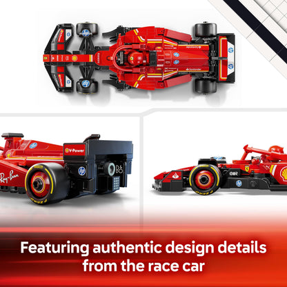 LEGO Speed Champions Ferrari SF-24 F1 race car model kit with Formula 1 driver minifigure, suitable for ages 10 and up.