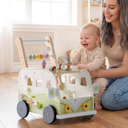 Robotime wooden baby walker with green animal design, adjustable height, wheels, and speed control, for toddlers aged 10-36 months.