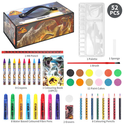 Zawadi Global Jurassic World Kids 52pc Colouring Art Stationery Set with Watercolour Felt Tip Pens Crayons and Pencils Travel Set for Children