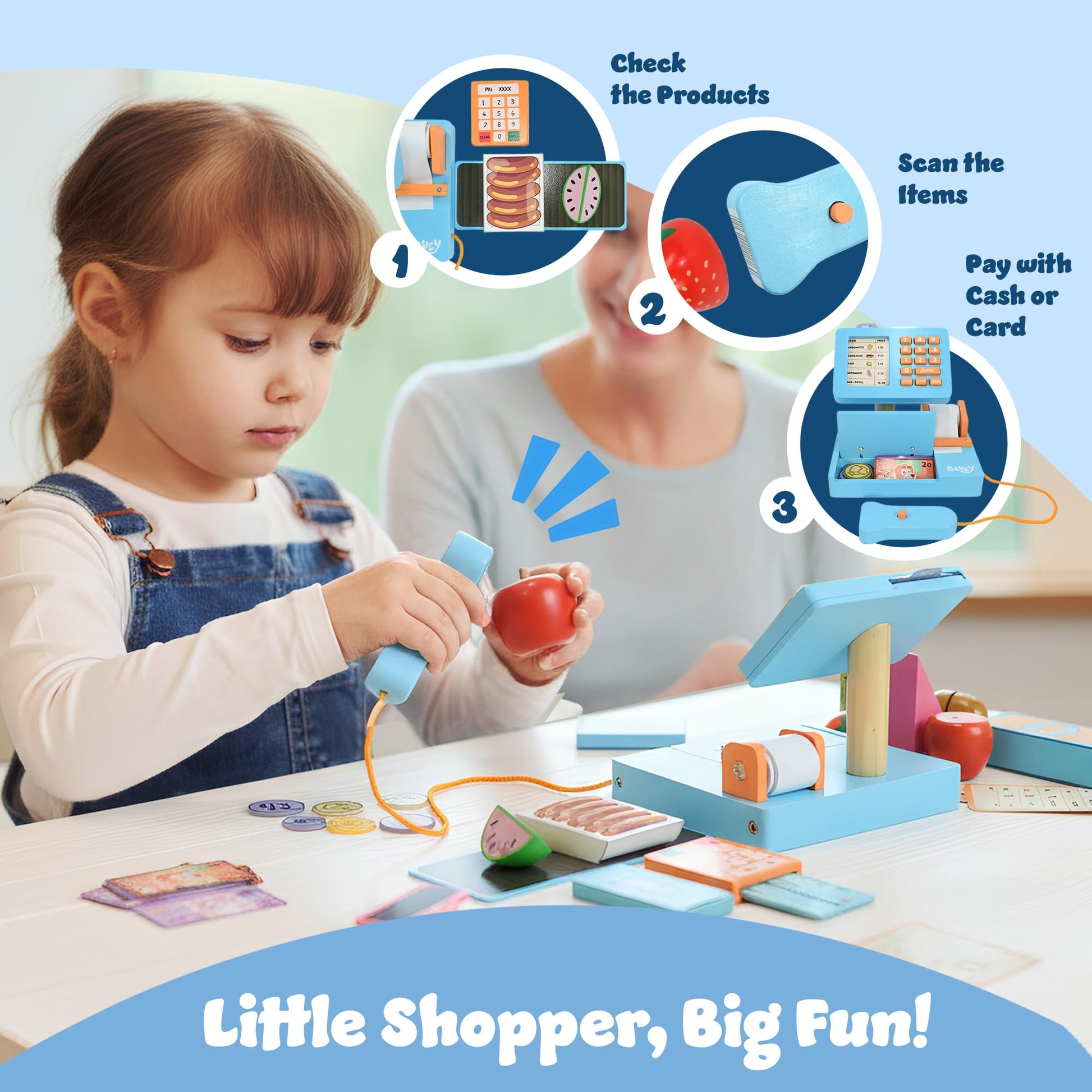 Bluey cash register toy with scanner, play money, food accessories, and credit card for kids' pretend play shopping.