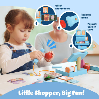 Bluey cash register toy with scanner, play money, food accessories, and credit card for kids' pretend play shopping.