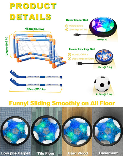 Magicoco 3 in1 Hover Hockey Football Toys Set, Air Floating USB Rechargeable Indoor & Outdoor Hover Sport Games w/2 Goals, LED Shining Light & Bumper, for Age 6-12 Boys Girls