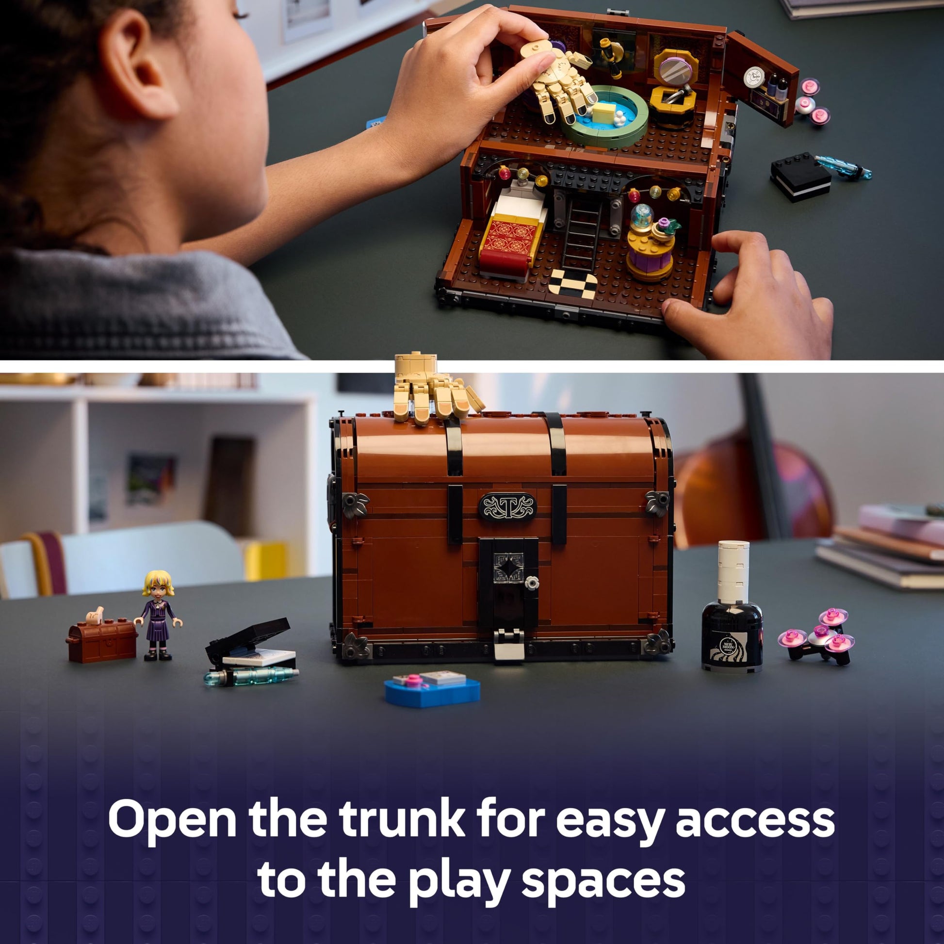 LEGO Wednesday Thing's Apartment set featuring Enid mini doll, Thing figure, and accessories for creative play and display.