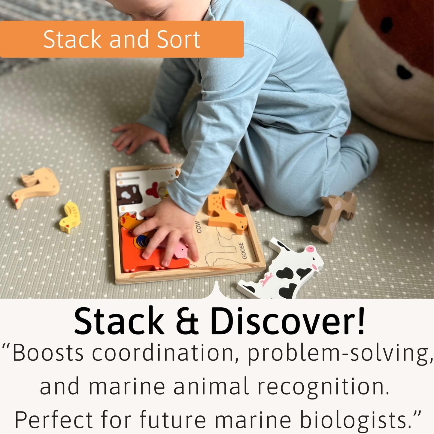 Wooden farm animal toys for toddlers by Jaques of London, featuring colorful farm animals for 1-year-olds. Montessori-style puzzle set.