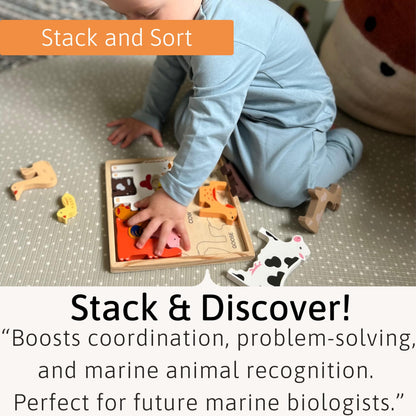 Wooden farm animal toys for toddlers by Jaques of London, featuring colorful farm animals for 1-year-olds. Montessori-style puzzle set.