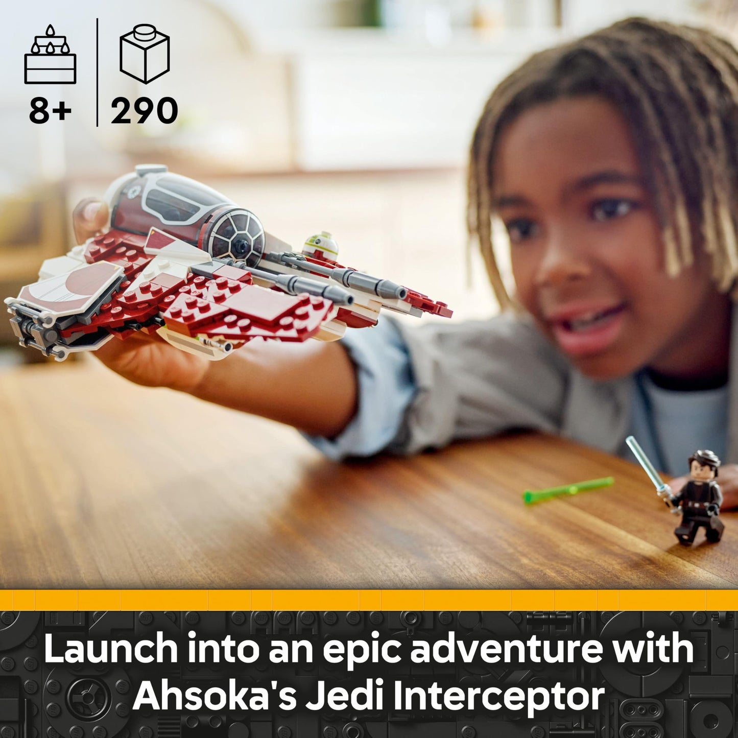 LEGO Star Wars Ahsoka's Jedi Interceptor set with minifigures Anakin Skywalker and R7-A7 droid, ideal for fans 8+.