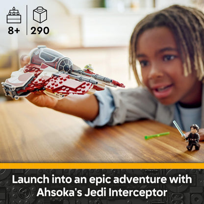 LEGO Star Wars Ahsoka's Jedi Interceptor set with minifigures Anakin Skywalker and R7-A7 droid, ideal for fans 8+.