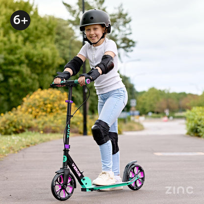 Zinc Verge Pro Kids Scooter – Big Wheel Kick Scooter for Ages 6+, Foldable 2-Wheel Scooter with 200mm Wheels, Lightweight, Height Adjustable, Rear Footbrake, Supports up to 100kg, Black & Green