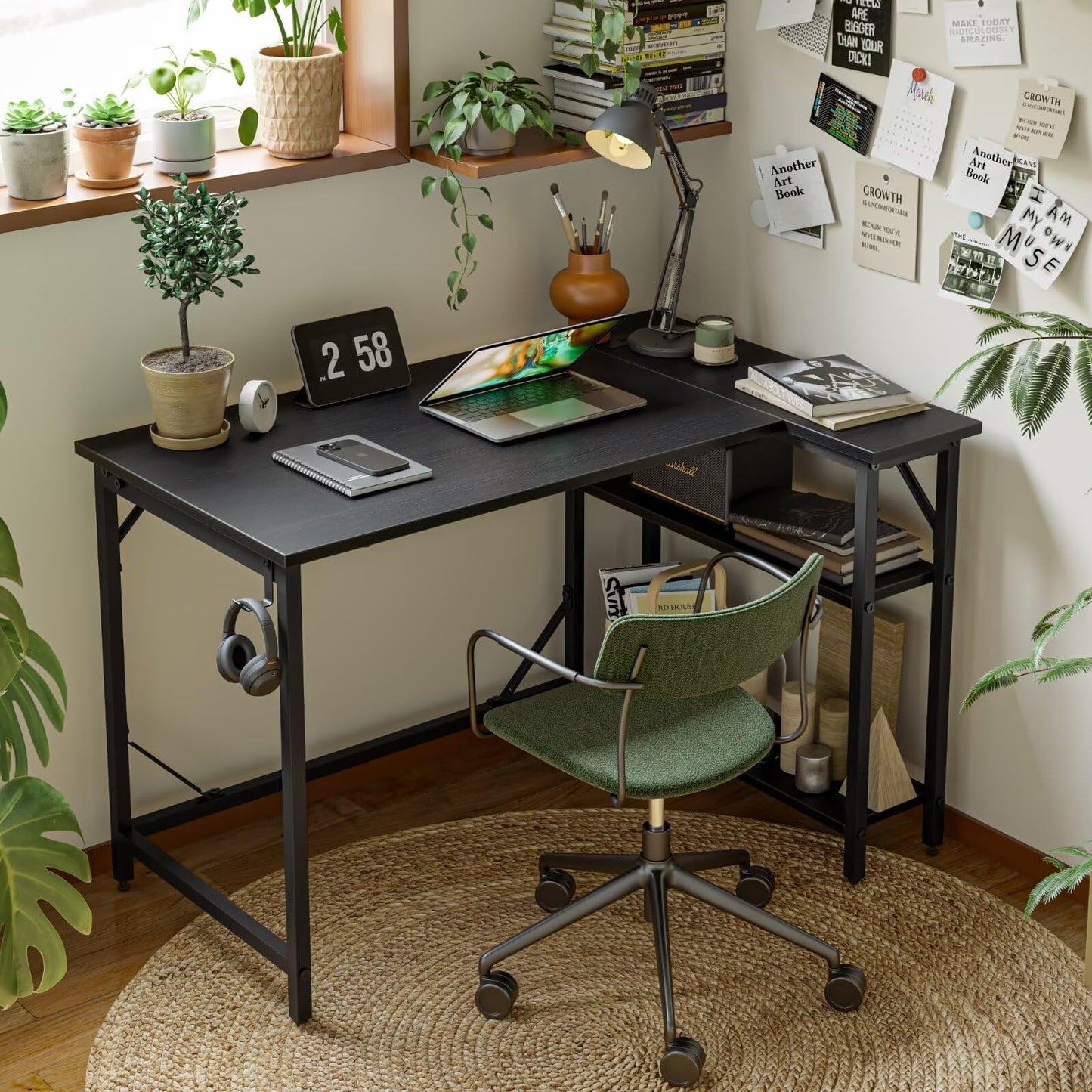 DOMSHOCT L Shaped Gaming Desk with Power Outlets, 100x70cm Small Corner Computer Table with Large Reversible Storage Shelves, Home Office PC Workstation with Hooks for Writing Study, Black