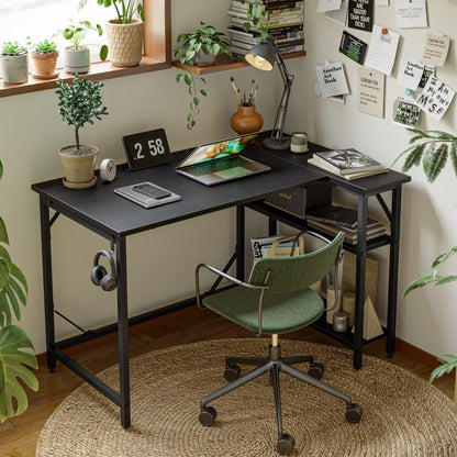 DOMSHOCT L Shaped Gaming Desk with Power Outlets, 100x70cm Small Corner Computer Table with Large Reversible Storage Shelves, Home Office PC Workstation with Hooks for Writing Study, Black