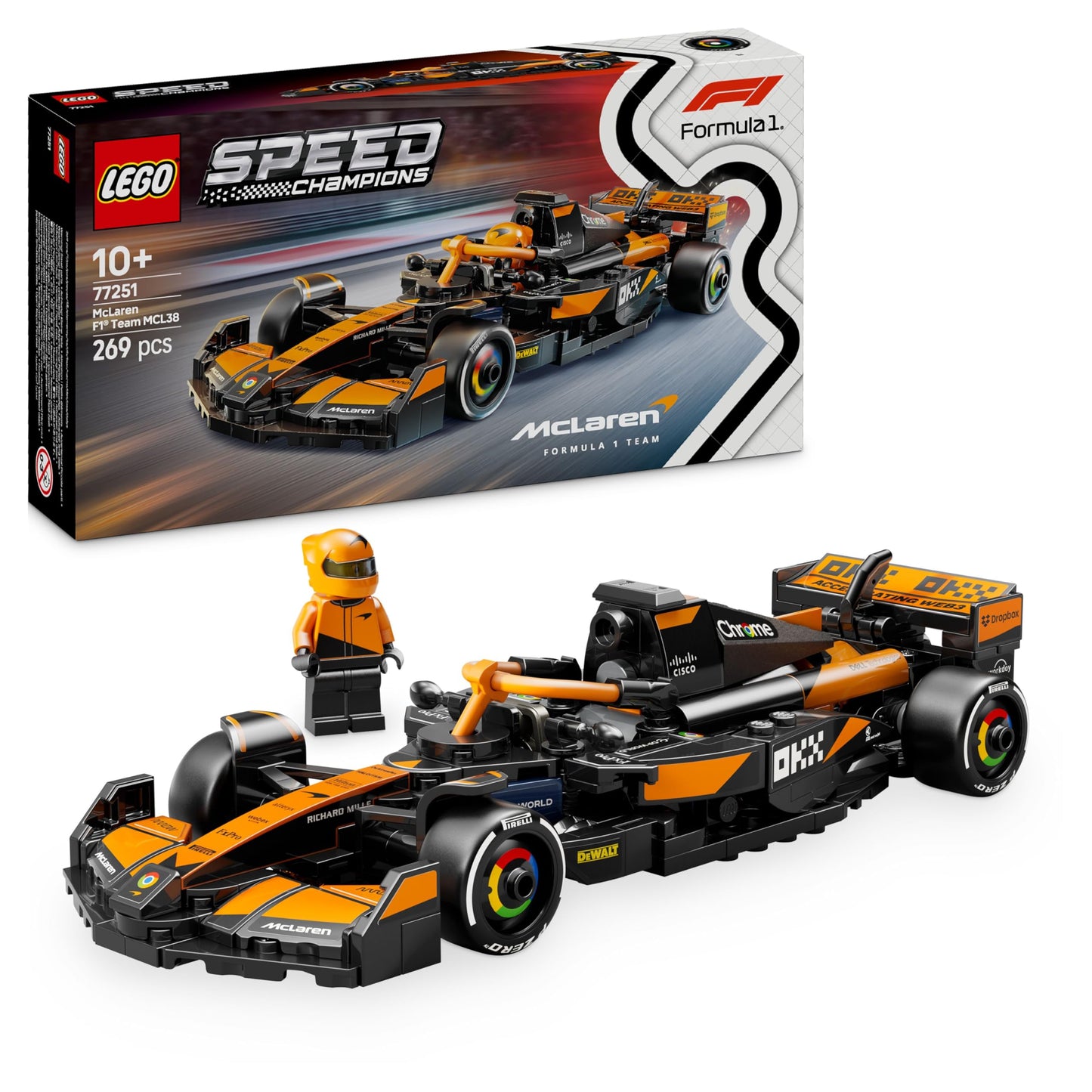 LEGO Speed Champions McLaren F1 Team MCL38 race car model kit with collectible driver minifigure on a white background.
