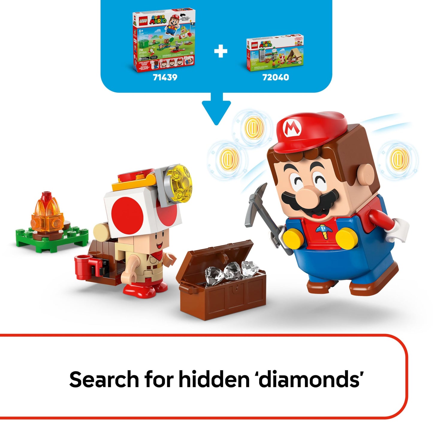LEGO Super Mario Captain Toad's Camp set showing figures, tent, collapsing bridge, and Goomba from the interactive building toy for kids.
