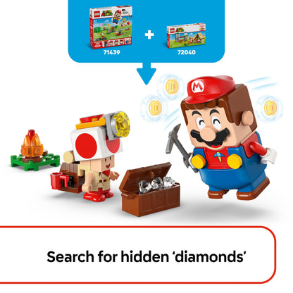 LEGO Super Mario Captain Toad's Camp set showing figures, tent, collapsing bridge, and Goomba from the interactive building toy for kids.