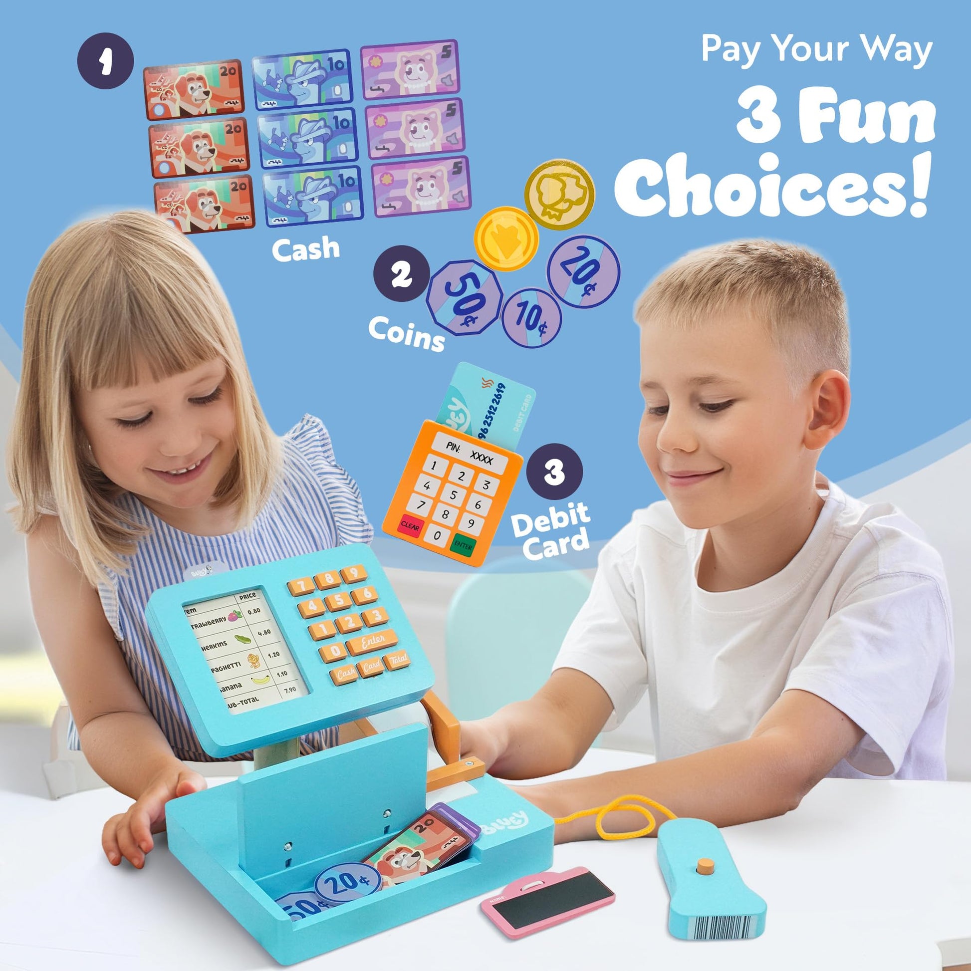 Bluey toy cash register with scanner, play money, food accessories, credit card, and sounds for kids' interactive pretend play.