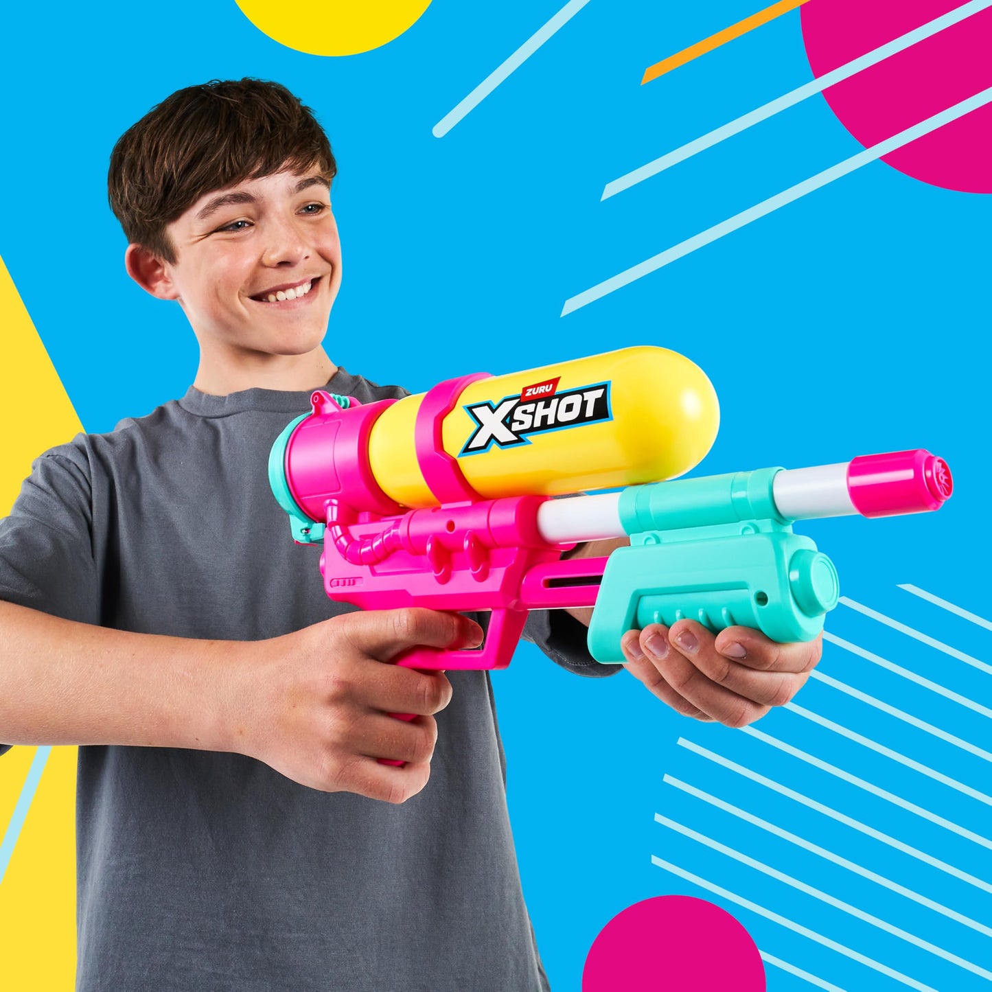 XSHOT Water Fast-Fill 80s Super Splash water blaster in purple with 33ft range and 500ml tank, outdoor summer water toy for kids.