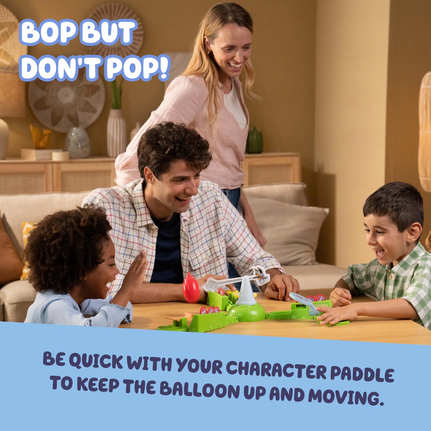 Bluey Keepy Uppy Game Help, Bingo, and Chilli Keep the Motorized Balloon in the Air With the Character Paddles For 2-3 players Ages 4+
