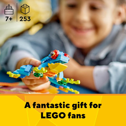 LEGO Creator 3 in 1 set showcasing an exotic parrot, frog, and fish animal figures for creative building fun.