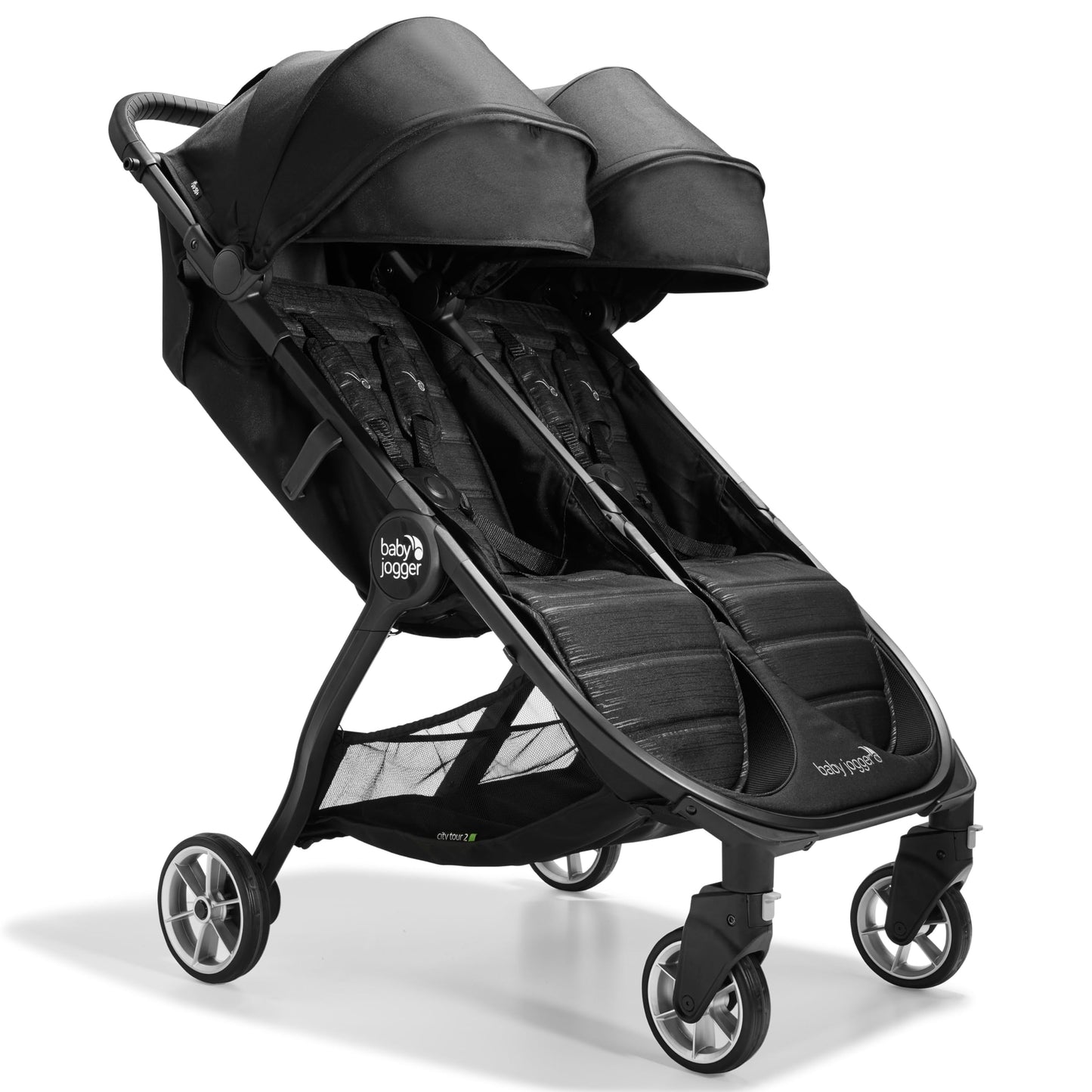 Baby Jogger City Tour 2 Double travel pushchair in pitch black, lightweight, foldable double stroller with compact design.
