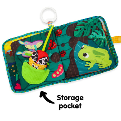 LAMAZE Bitty Bug Book sensory toy for babies, clip-on pram and pushchair, colorful with sounds for newborn development.