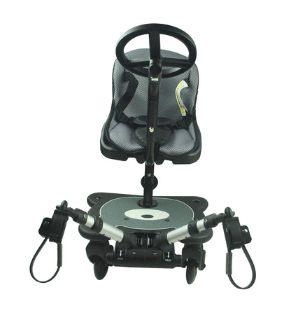 Roma 4 Rider Toddler Seat & Steering Wheel Ride On Board – Universal Buggy/Kiddy Board with LED Wheels, Patterned Seat, Fits 99% Prams, for Kids 1–6 Years (25kg), 4-Wheel Design