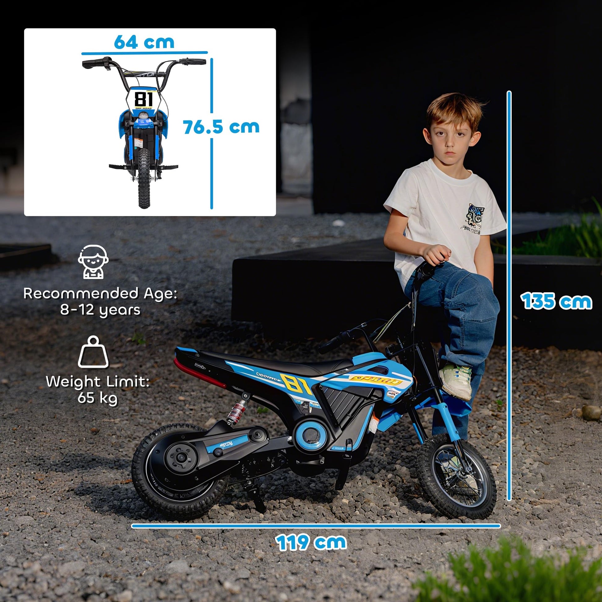 AIYAPLAY kids electric dirt bike with 24V battery, 250W motor, 12-inch inflatable tires, rear suspension, blue ride-on motorcycle