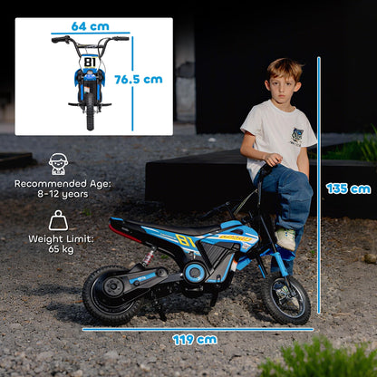 AIYAPLAY kids electric dirt bike with 24V battery, 250W motor, 12-inch inflatable tires, rear suspension, blue ride-on motorcycle