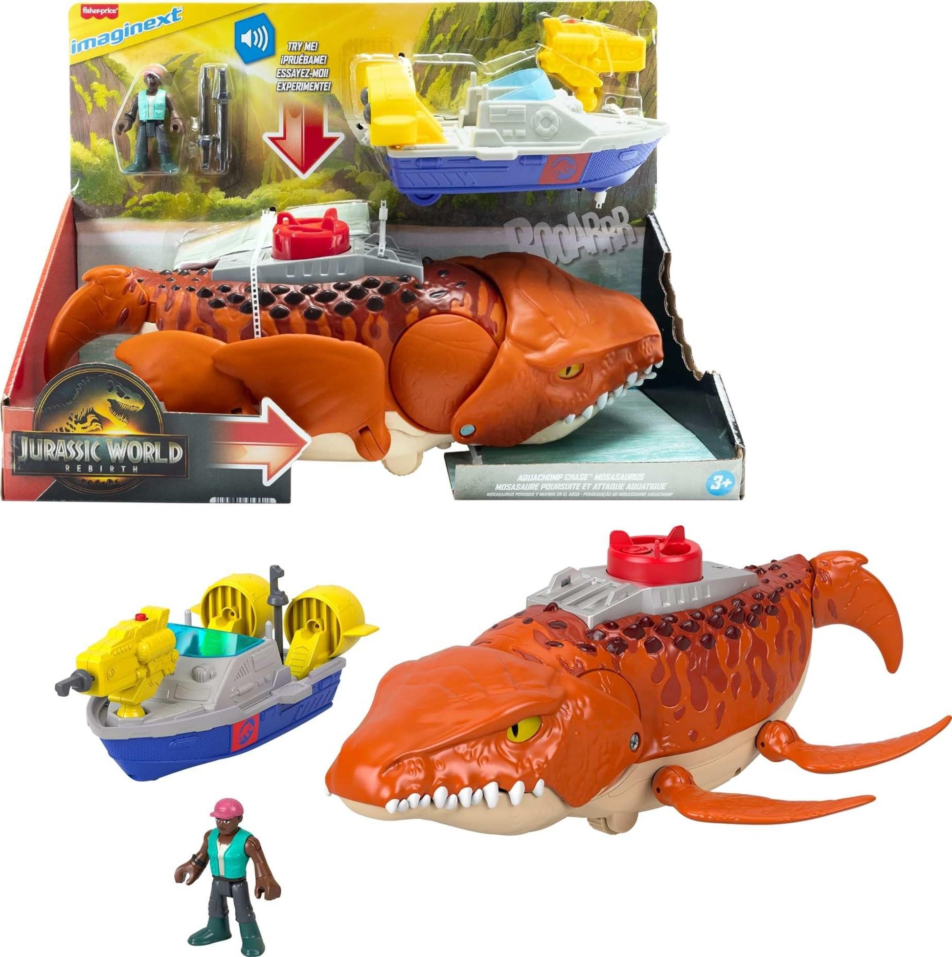 Fisher-Price Imaginext Jurassic World Rebirth Aquachomp Chase Mosasaurus dinosaur toy with action figure, launcher boat, and projectiles.